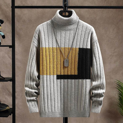 Buycenter Men's Knitted Turtleneck Sweater - Color Stitching, Cozy Warmth - Buy Center