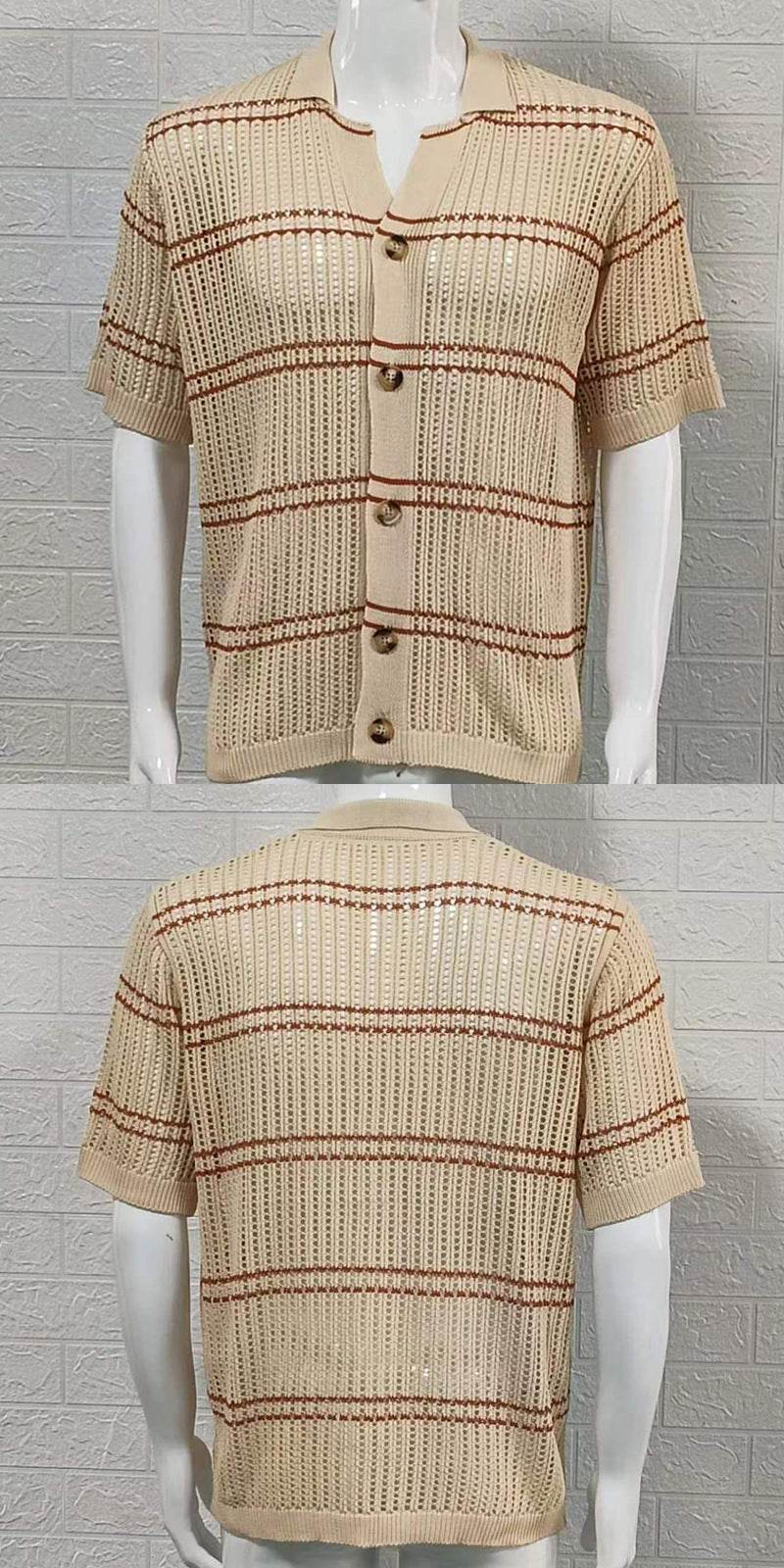 Men's Khaki Knitwear Cardigan - Stylish Lapel Design & Short Sleeve - Buy Center