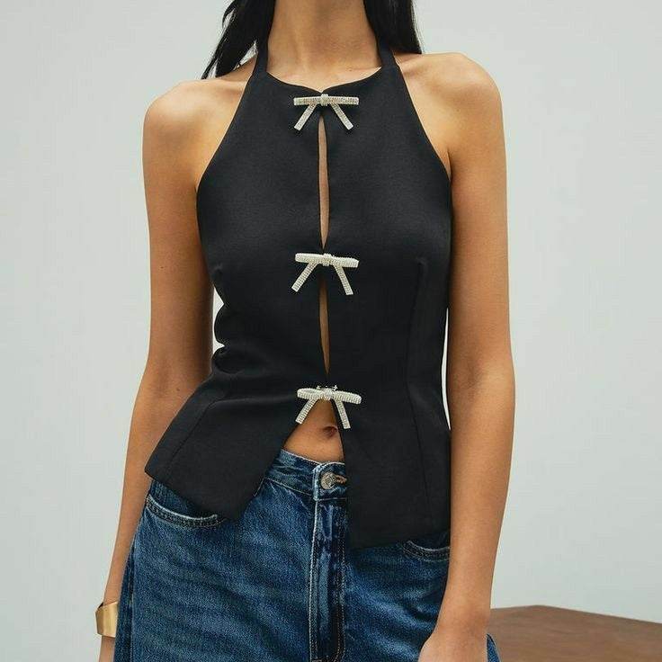 Bowknot Decoration Halter Camisole - Stylish Women's Top in White/Black - Buy Center