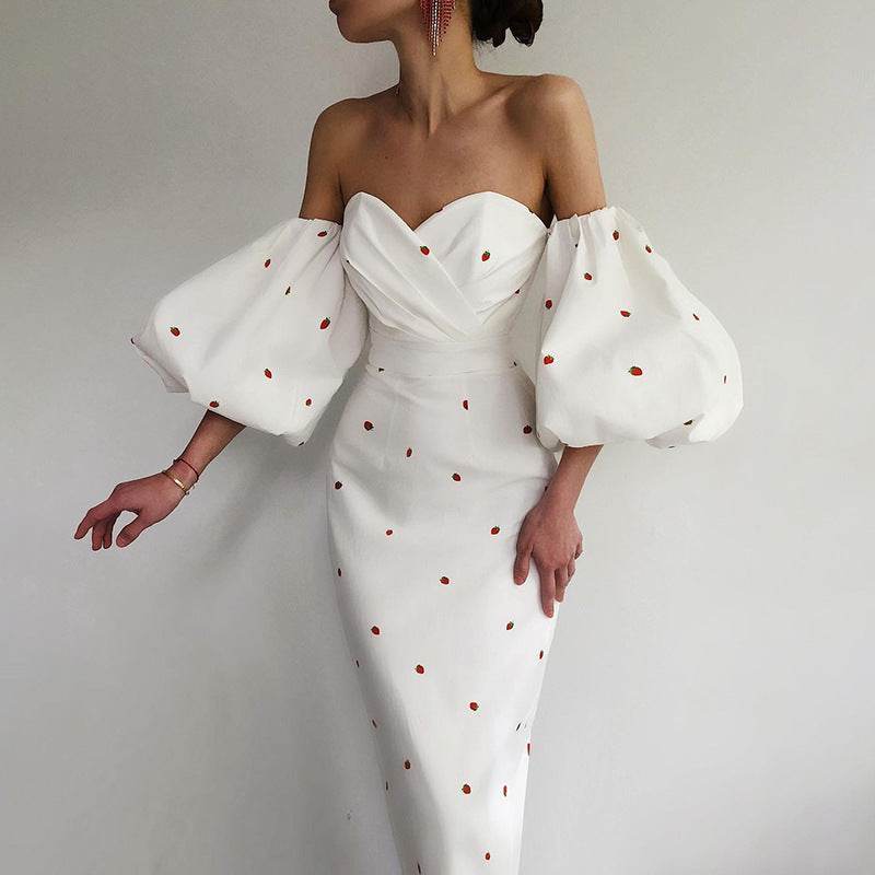 Buycenter Off-Shoulder Midi Dress - Printed Lantern Sleeve, High Waist - Buy Center