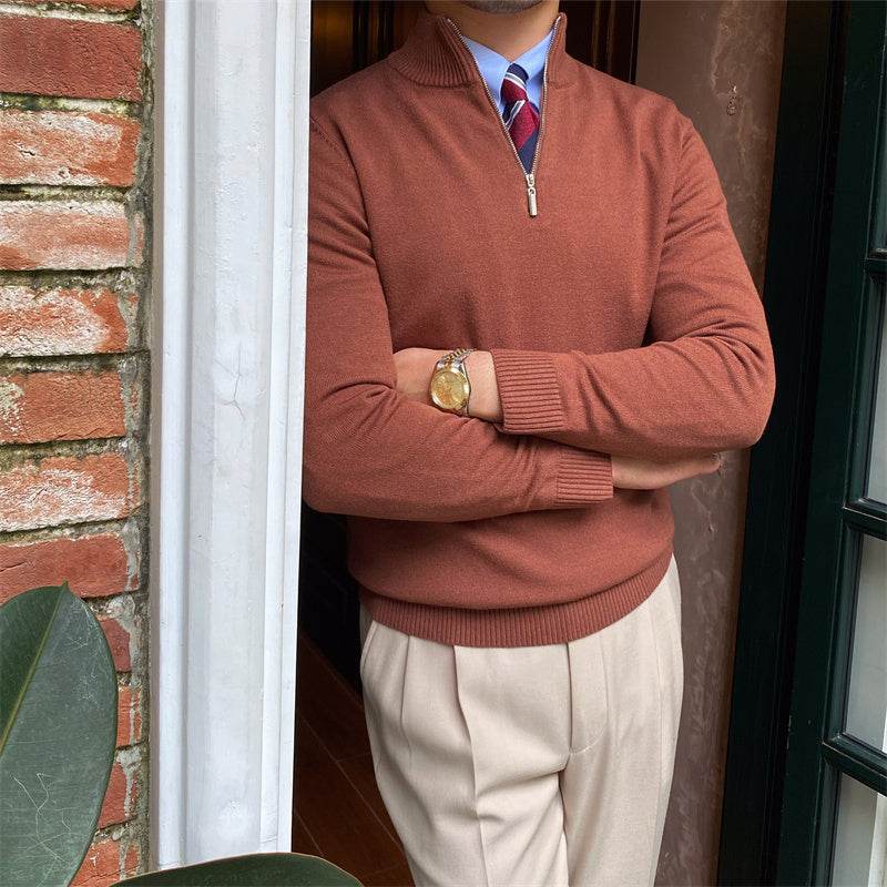 Buycenter Men's Zipper Knit Sweater - Stand-up Collar, Long Sleeves - Buy Center