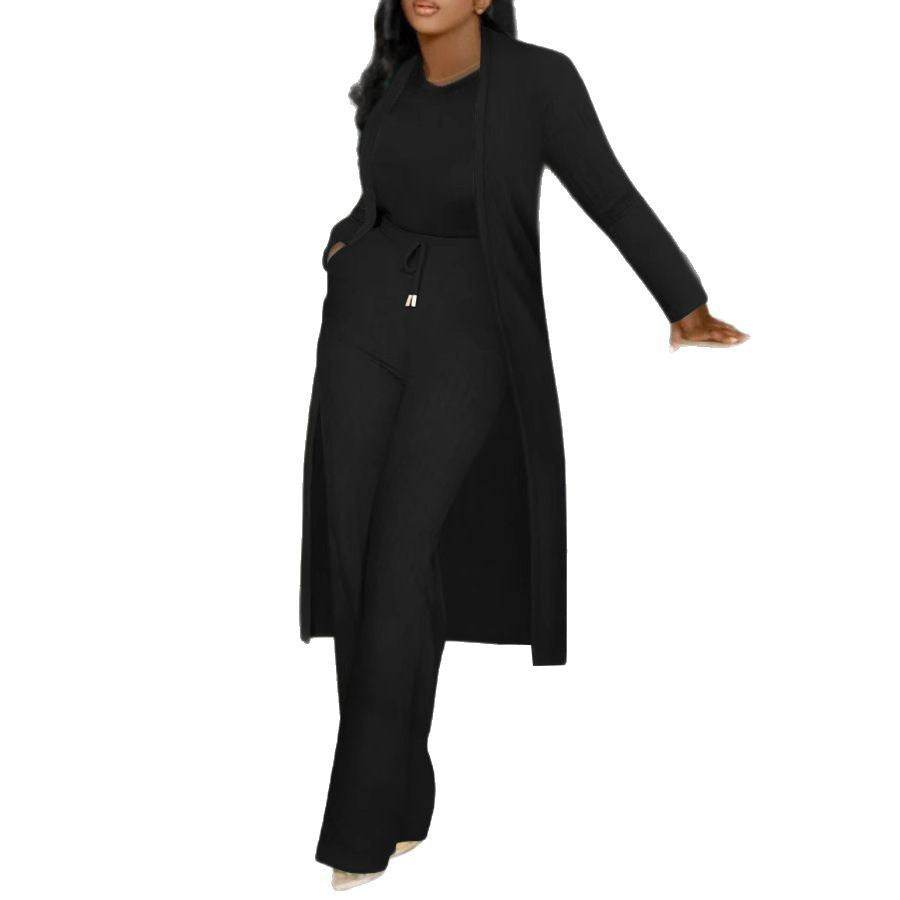 BuyCenter Stylish Two-Piece Set - Long Cardigan & Stripe Wide Leg Pants - Buy Center