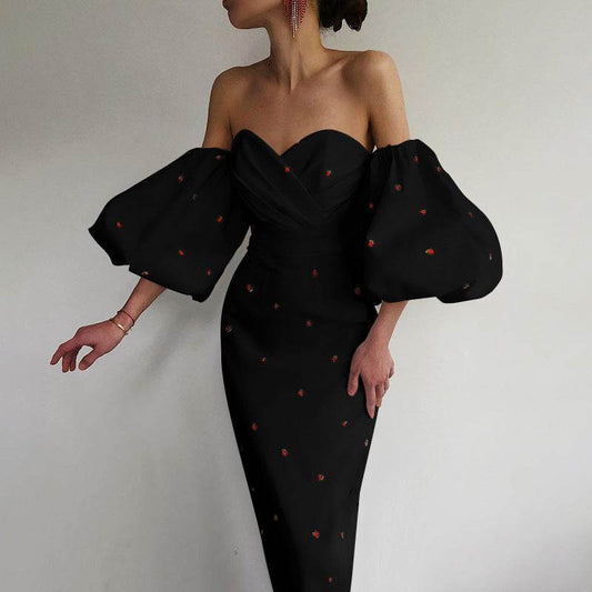 Buycenter Off-Shoulder Midi Dress - Printed Lantern Sleeve, High Waist - Buy Center