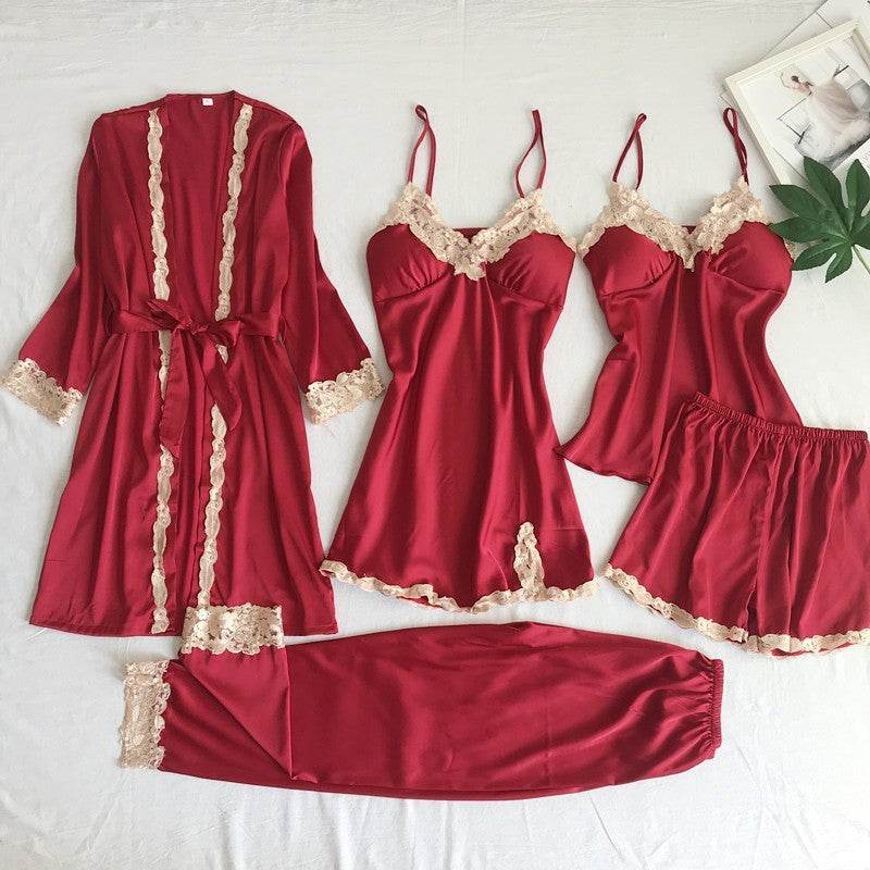 Women's Five-Piece Imitated Silk Pajamas Set - Cool & Comfortable Sleepwear - Buy Center
