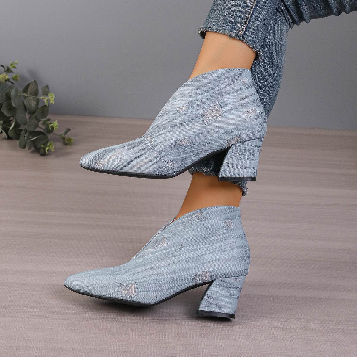 Buycenter Women's V Cut Denim Booties - Chunky Mid Heel, Pointed Toe - Buy Center
