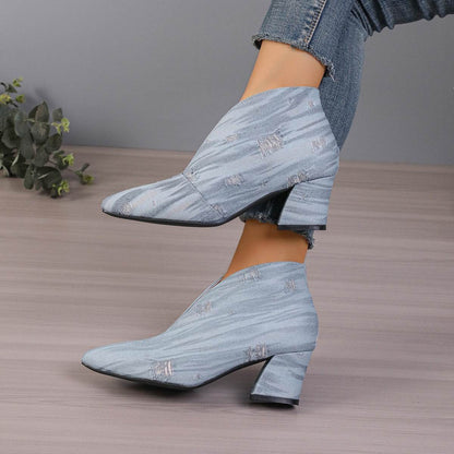 Buycenter Women's V Cut Denim Booties - Chunky Mid Heel, Pointed Toe - Buy Center
