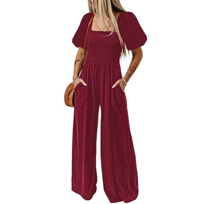 Women's Square Collar Black Jumpsuit - Chic Short Sleeve Design 2025 - Buy Center