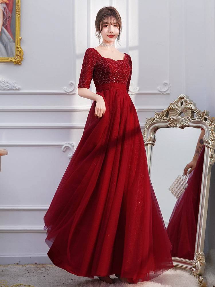Buycenter Wine Red Long Sleeve Evening Dress - Elegant Back Door Style - Buy Center