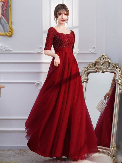 Buycenter Wine Red Long Sleeve Evening Dress - Elegant Back Door Style - Buy Center