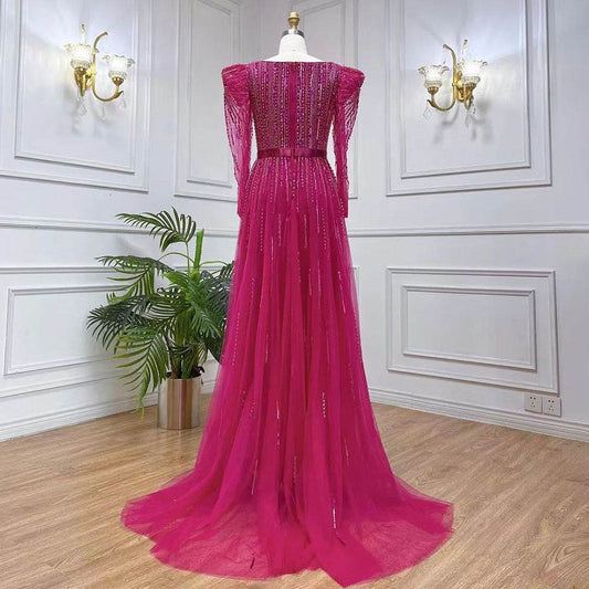Rose Red Host Performance Evening Dress - Flattering Long Sleeve Elegance - Buy Center