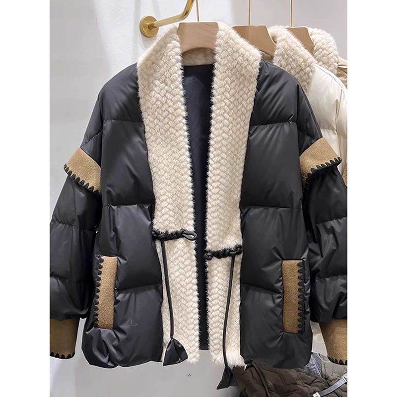 Stylish V-Neck Furry Down Jacket - Padded Winter Coat for Women - Buy Center