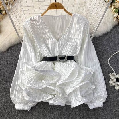 Lantern Sleeve V-Neck Pullover Shirt - Stylish Free Size Blouse for 2025 - Buy Center