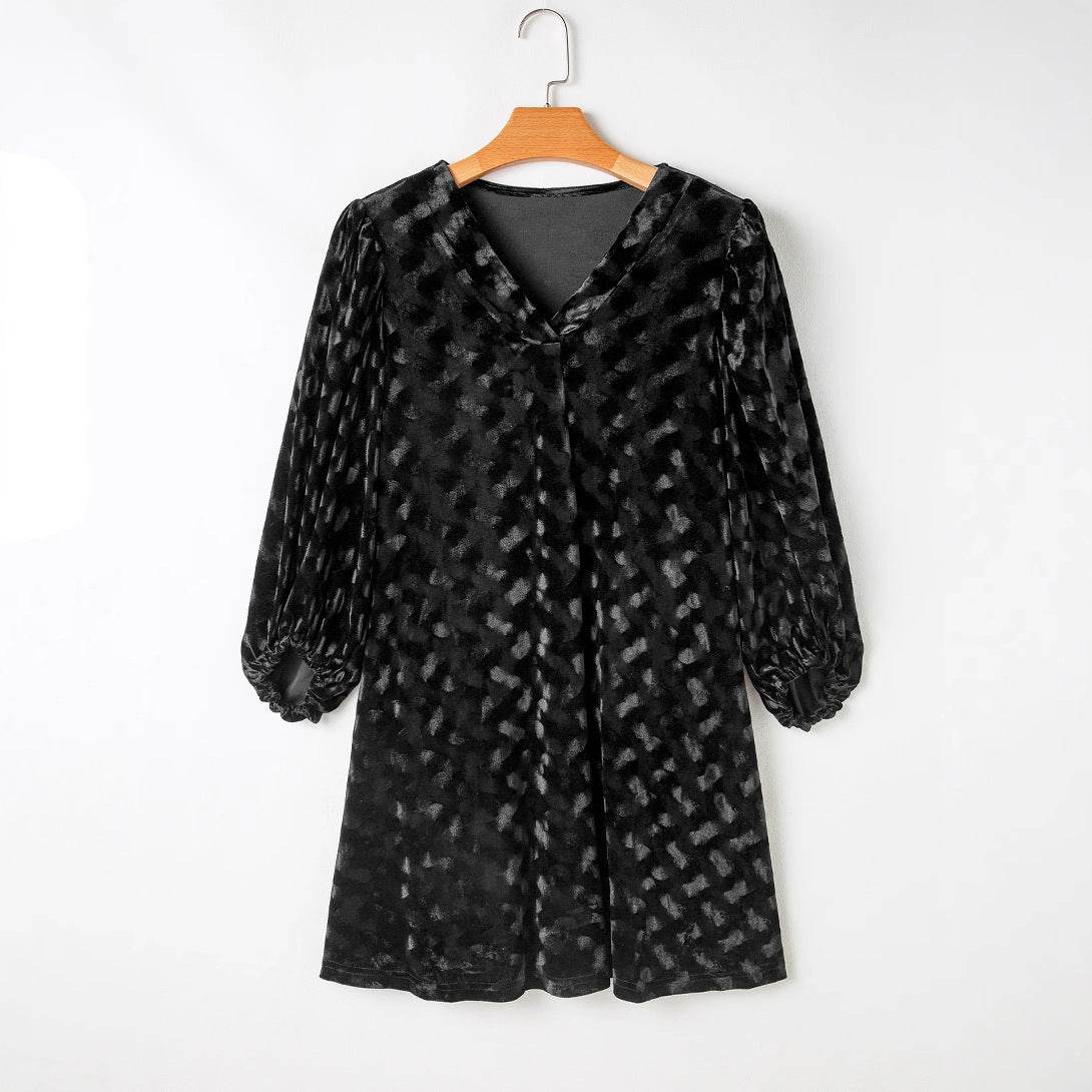 Autumn Velvet V-Neck Dress - Elegant Lantern Sleeves & Flattering Fit - Buy Center