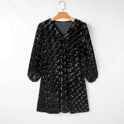 Autumn Velvet V-Neck Dress - Elegant Lantern Sleeves & Flattering Fit - Buy Center