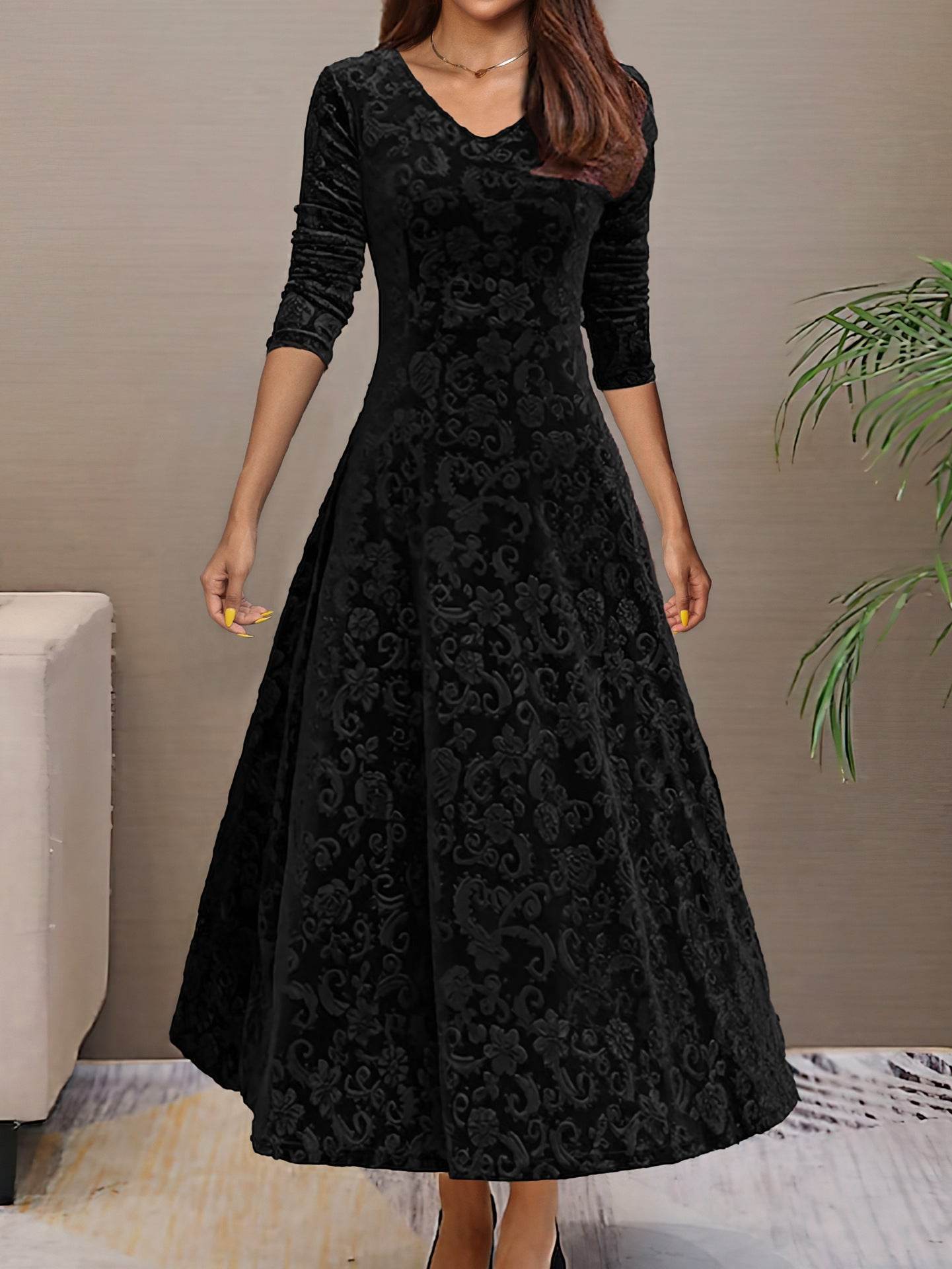 Buycenter Women's Mid-Length Velvet Dress - A-Line, Solid Colors Available - Buy Center