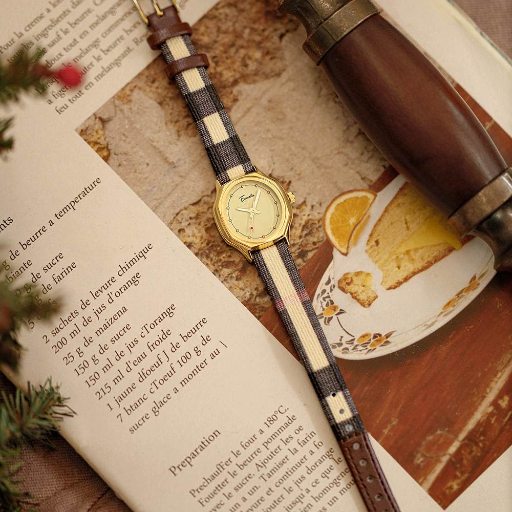 Women's Retro Minority Design Watch - Brown Plaid Strap & Gold Frame - Buy Center