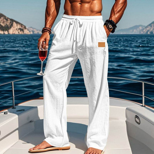 Buycenter Men's Cotton Linen Drawstring Pants - Casual Straight Leg Style - Buy Center