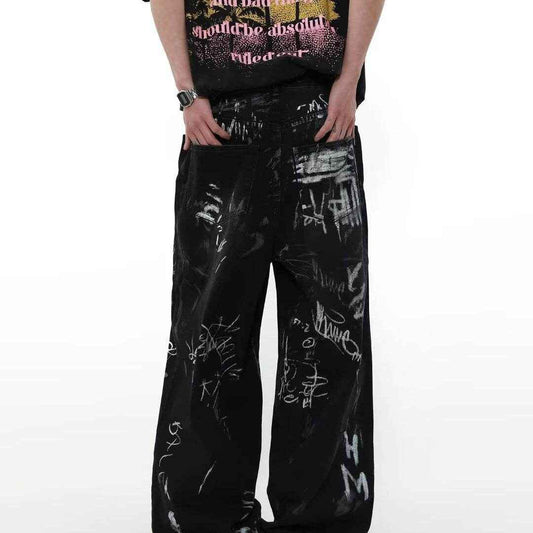 Men's Distressed Black Jeans - Loose Fit Graffiti Print Streetwear Style