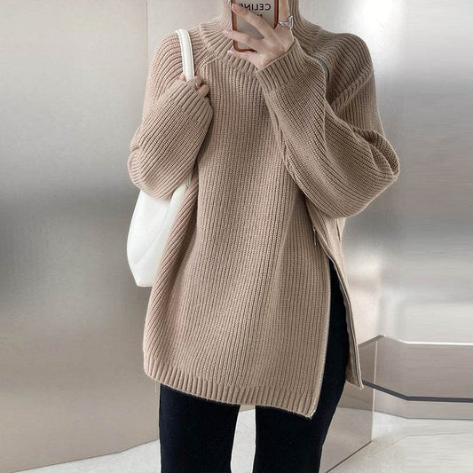 Stylish Plus Size Turtleneck Sweater Coat - Cozy Double-Headed Zipper - Buy Center