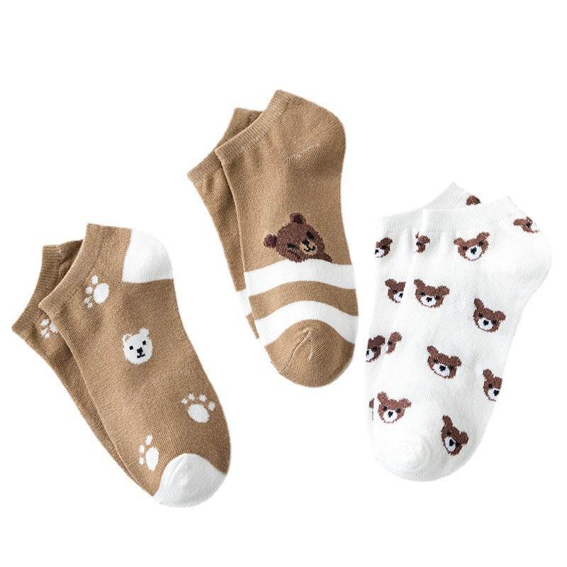 Cute Brown Bear Low-Cut Women's Socks - 5 Pairs of Fun Style - Buy Center