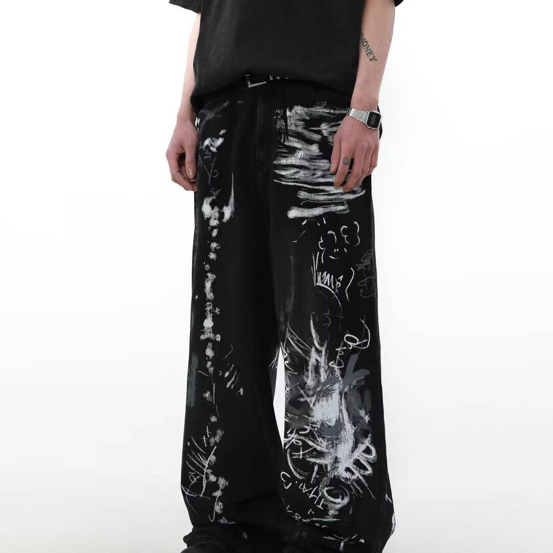 Men's Distressed Black Jeans - Loose Fit Graffiti Print Streetwear Style - Buy Center