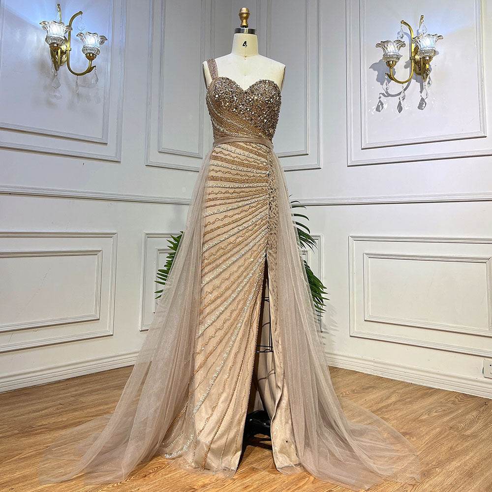 Blue Handmade Beaded Fishtail Dress - Elegant Split Shoulder Evening Wear - Buy Center