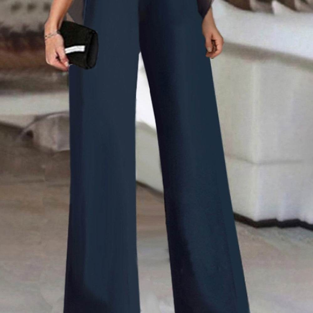 Elegant Women's Short-Sleeved Jumpsuit - High Waist Romper in Dark Blue - Buy Center