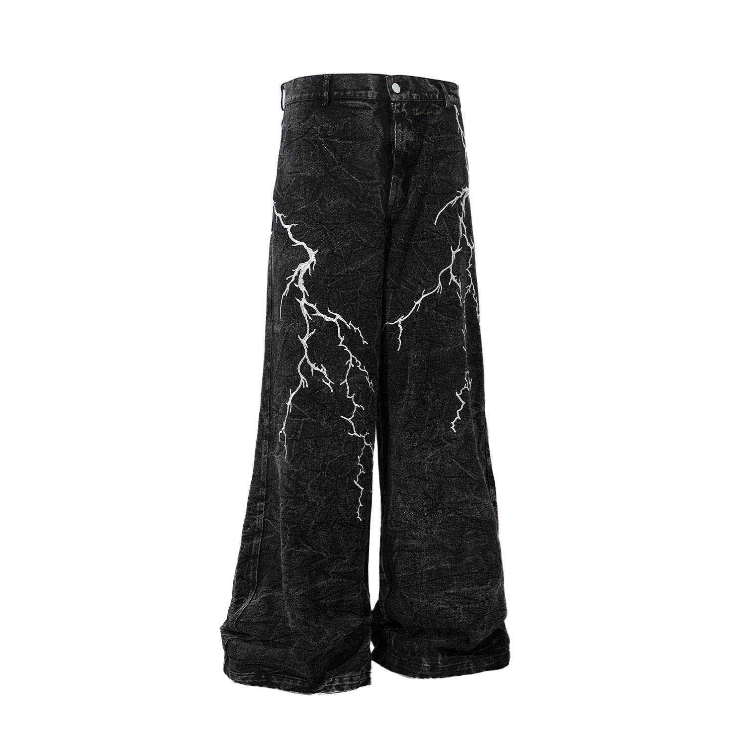 Retro Heavy Industry Loose Jeans - Lightning Embroidery Casual Style - Buy Center