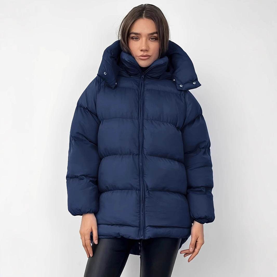 Women's Cotton-Padded Jacket - Warm Mid-Length Coat in Black & Blue - Buy Center