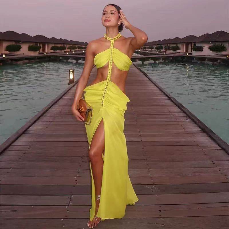 Women's Split Halter Dress - Fluorescent Yellow for Trendy Style 2025 - Buy Center