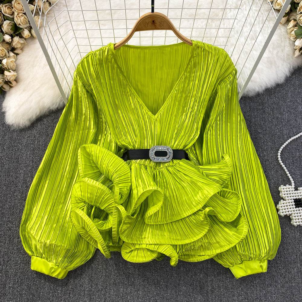 Lantern Sleeve V-Neck Pullover Shirt - Stylish Free Size Blouse for 2025 - Buy Center