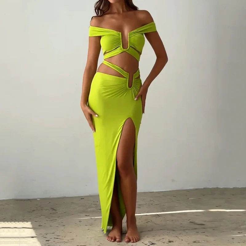 Women's Long Skirt Two-Piece Set in Yellow Green - Stylish & Trendy - Buy Center