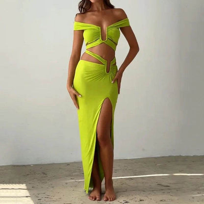 Women's Long Skirt Two-Piece Set in Yellow Green - Stylish & Trendy - Buy Center