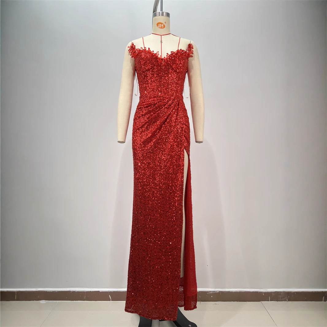 Drop-Shaped Diamond Red Paillette Dress - Sexy Low-Cut Tube Style - Buy Center