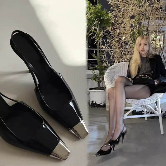 Women's Metal Square Toe Sandals - Stylish Black Design, Fine Heel - Buy Center