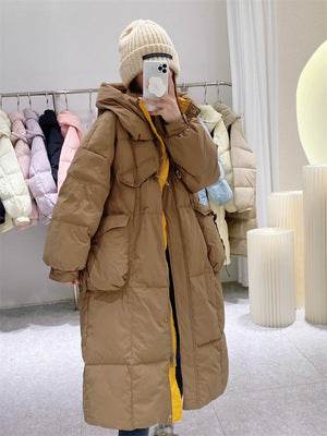 Buycenter Women's Over-the-Knee Quilt Down Jacket - Korean Style, Thick & Cozy - Buy Center
