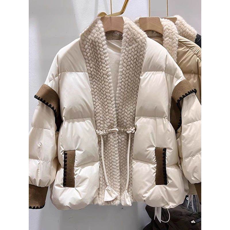 Stylish V-Neck Furry Down Jacket - Padded Winter Coat for Women - Buy Center