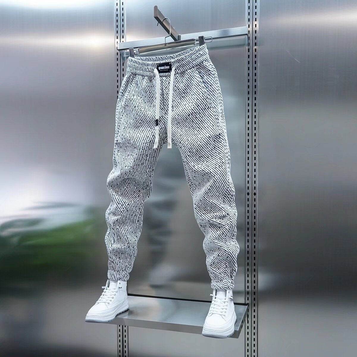 Men's Versatile Loose Sweatpants - Striped Casual Trousers in Black, Gray - Buy Center