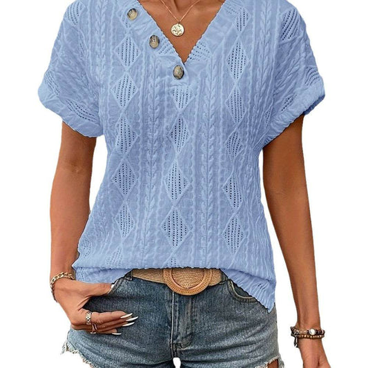 Spring & Summer V-Neck Jacquard Top - Trendy Button Blouse for 2025 - Buy Center
