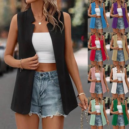 Buycenter Women's Pure Color Vest Cardigan - Stylish Temperament Blazer - Buy Center