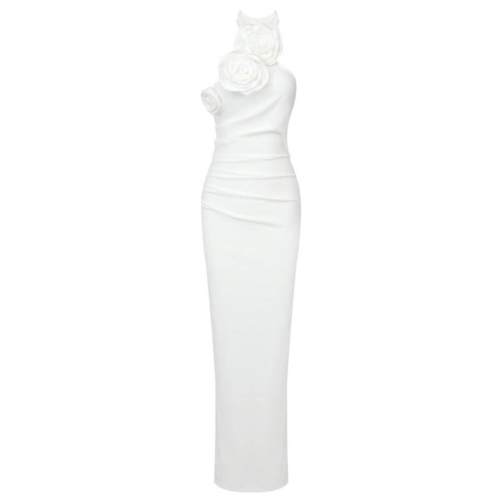Elegant White Ribbon Flower Halter Dress - Trendy Cocktail Style 2025 - Buy Center