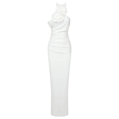 Elegant White Ribbon Flower Halter Dress - Trendy Cocktail Style 2025 - Buy Center