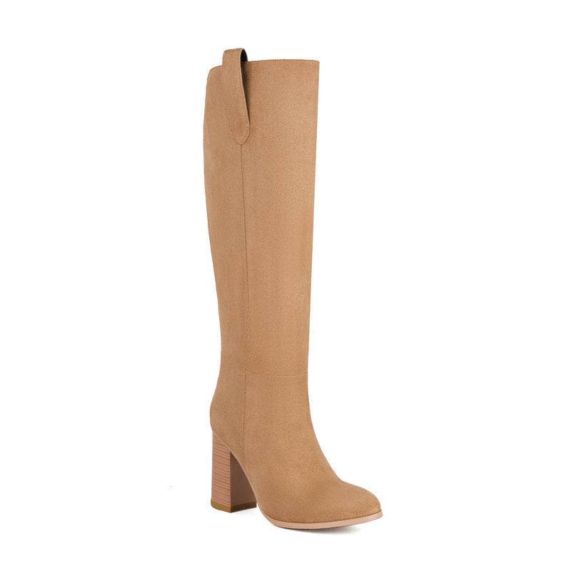 Buycenter Long Suede Boots for Women - Chunky Heel, Round Toe Style - Buy Center