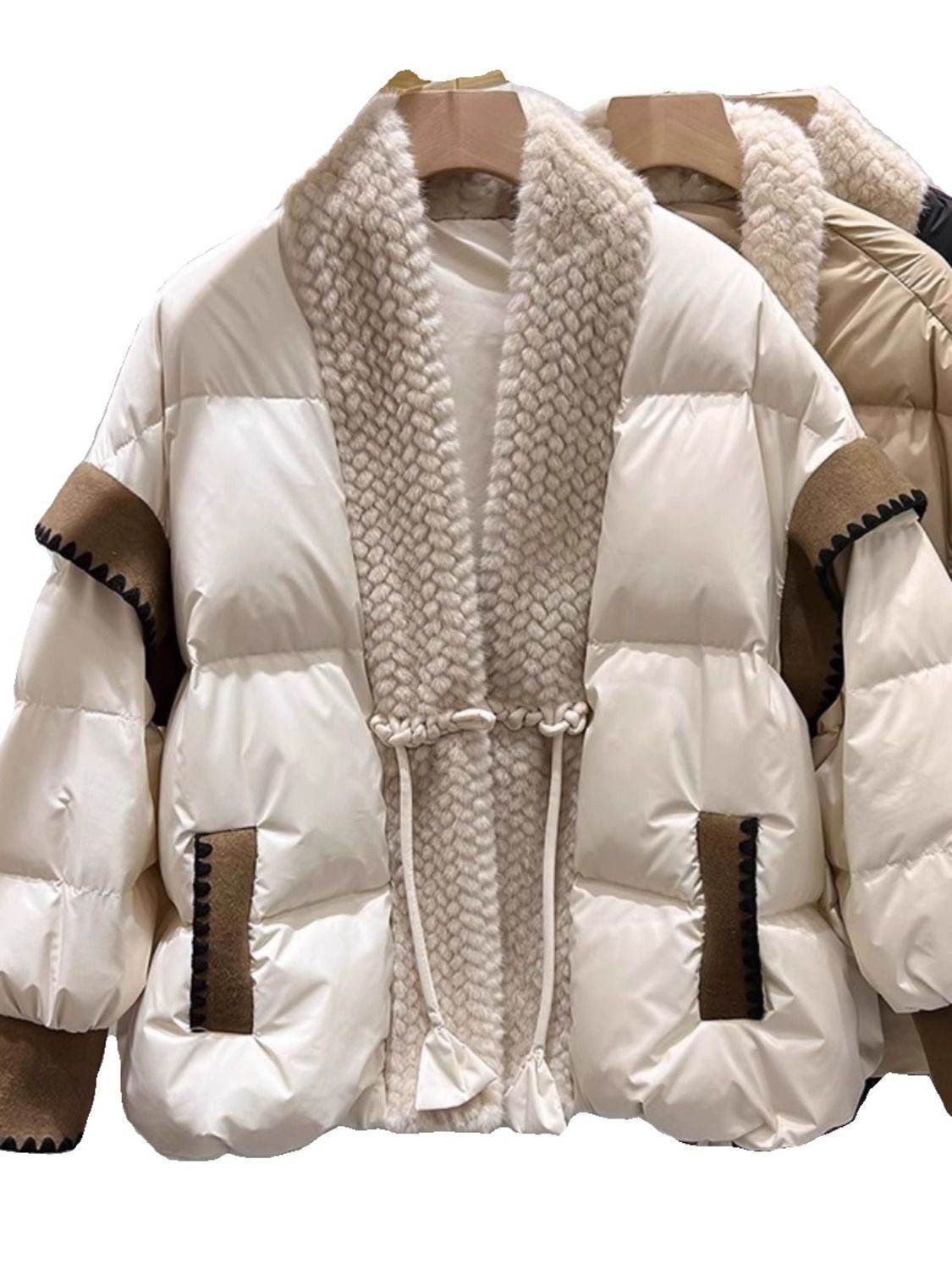 Stylish V-Neck Furry Down Jacket - Padded Winter Coat for Women - Buy Center