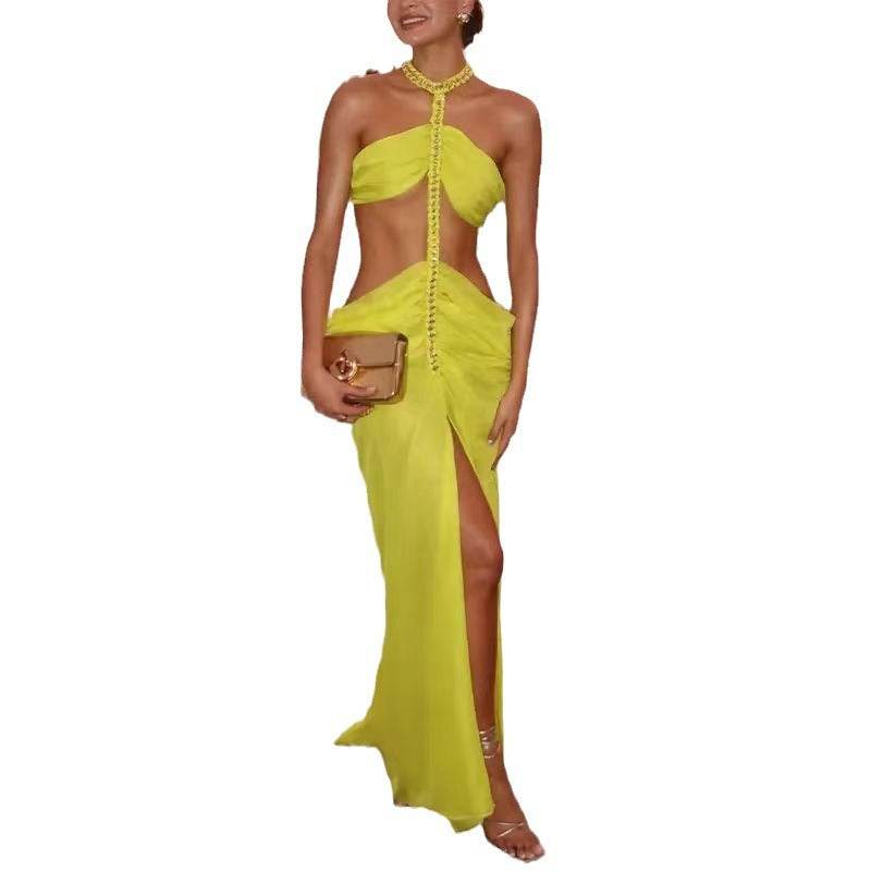 Women's Split Halter Dress - Fluorescent Yellow for Trendy Style 2025 - Buy Center