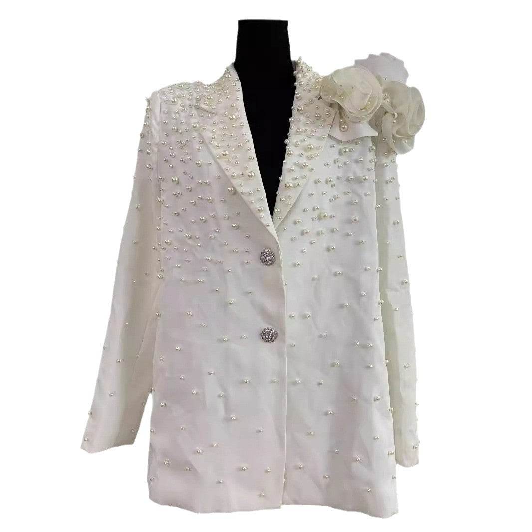 Elegant Beaded Suit Collar Jacket - Three-Dimensional Flower Detail - Buy Center