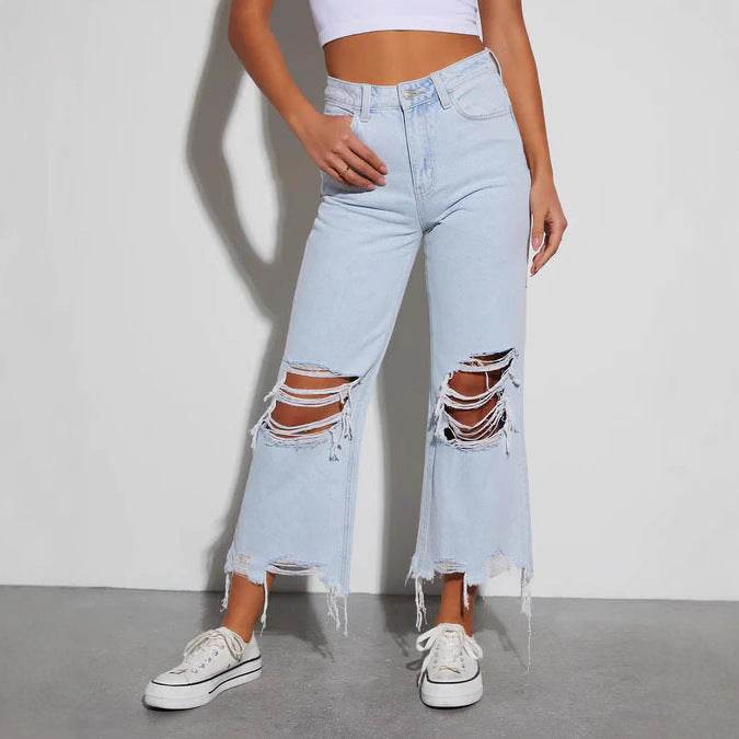 Women's Ripped Cropped Jeans - Casual Loose Fit, Mid Waist Style - Buy Center