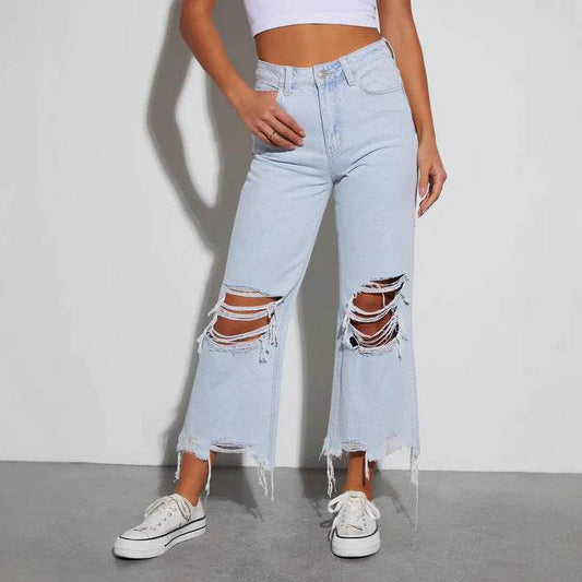 Women's Ripped Cropped Jeans - Casual Loose Fit, Mid Waist Style - Buy Center