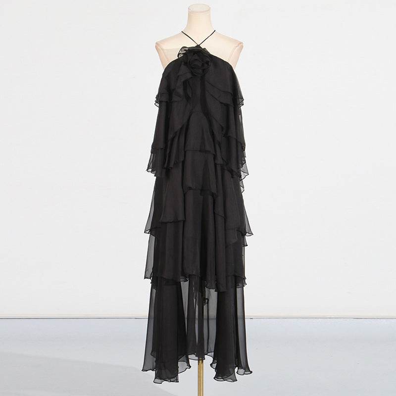 Elegant Lady Patchwork Ruffled Dress - Long Flattering Design for Socialites - Buy Center