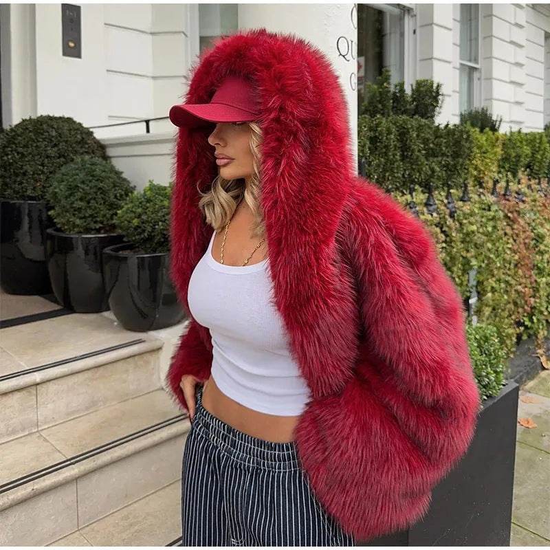 Women's Green Faux Fox Fur Hooded Coat - Stylish Winter Fashion 2025 - Buy Center